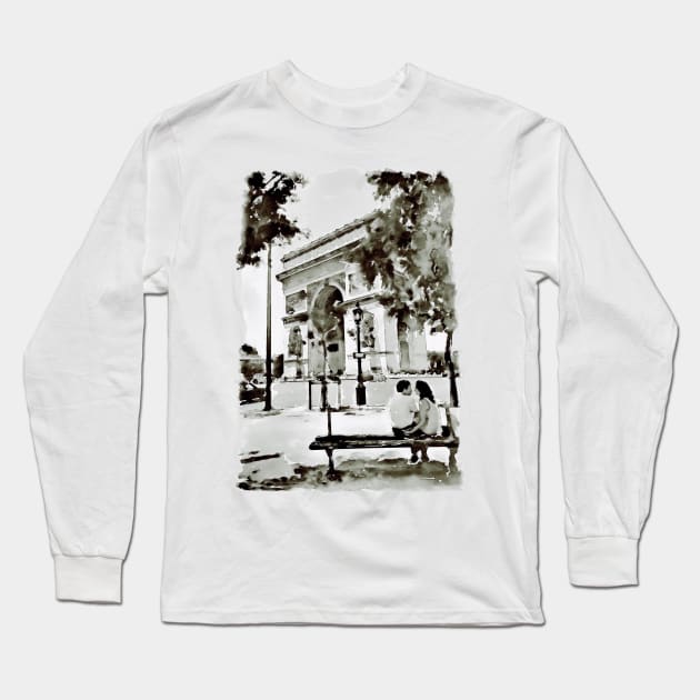 The Arc de Triomphe Paris Black and White Long Sleeve T-Shirt by Marian Voicu